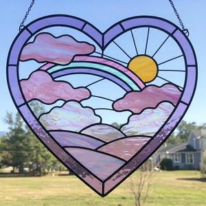 Heart Rainbow Stained Glass Pattern, Sunset Suncatcher Glass Pattern, Modern Suncatcher, Cloudy Sky Window Hanging, DIY, Pastel Sunset Decor