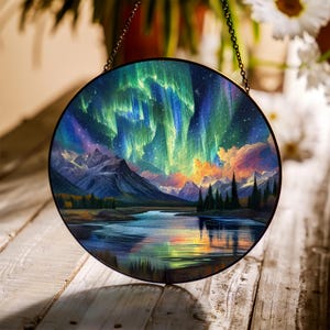 Northern Lights Aurora Glass Suncatcher, Forest Window Hanging Decor, Handcrafted Northern Light Art, Magical Borealis Gift for Nature Lover
