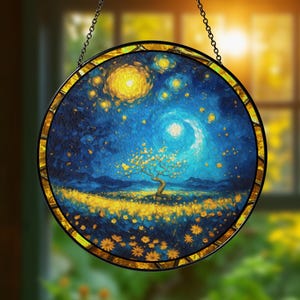Starry Sky Tree Stained Glass Suncatcher, Blue and Yellow Window Hanging, Night Landscape Glass Art, Celestial Sun Moon Decor Gift