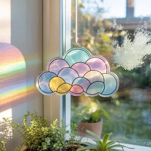 Pastel Cloud Star Suncatcher, Pastel Rainbow Cloud Sun Catcher, Iridescent Glass Window Decor, Handmade Prism Hanging, Colorful Cloud Art