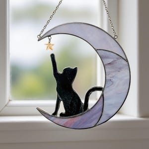 Stained Glass Cat on Crescent Moon Suncatcher, Handmade Glass Window Hanging, Celestial Home Decor, Gift for Cat and Moon Lovers