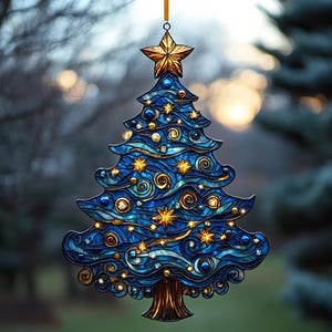 Starry Blue Christmas Tree ACRYLIC Faux Stained Glass Ornament Suncatcher, Luminous Window Hanging Holiday Home Decor, Seasonal Gift