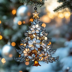 White Poinsettia Christmas Tree Acrylic Suncatcher, Holiday Faux Stained Glass Window Hanging With Star, Winter Decor Gift