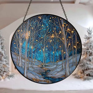Winter Forest Glass Suncatcher, Starry Night Tree Scene, Holiday Decor