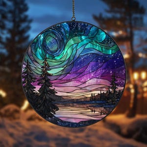Aurora Borealis Stained Glass Suncatcher, Northern Lights Window Decor with Winter Forest Design, Magical Night Sky Gift, Natural Decor