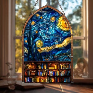Starry Sky Library Acrylic Suncatcher, Night Sky Window Hanging, Perfect Gift for Book Lover and Art Enthusiast